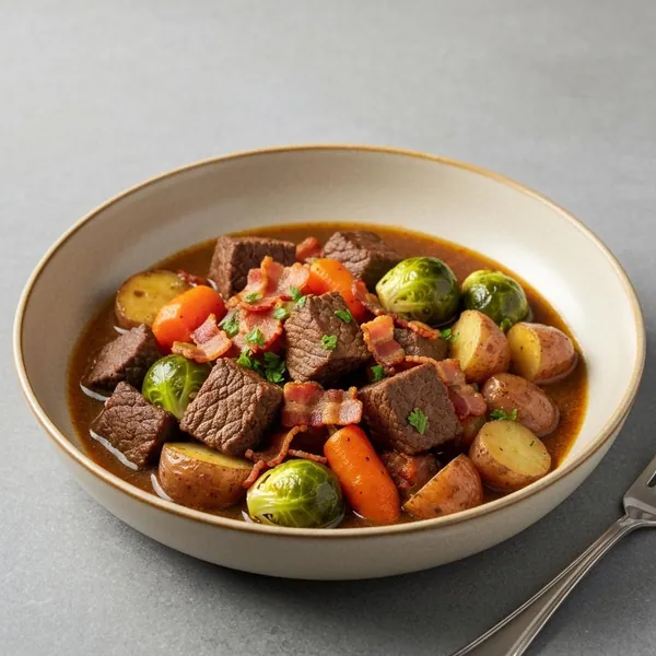 Beef & Bacon Stew with Roasted Veggies, Prepared Meal Delivery, We Feed You