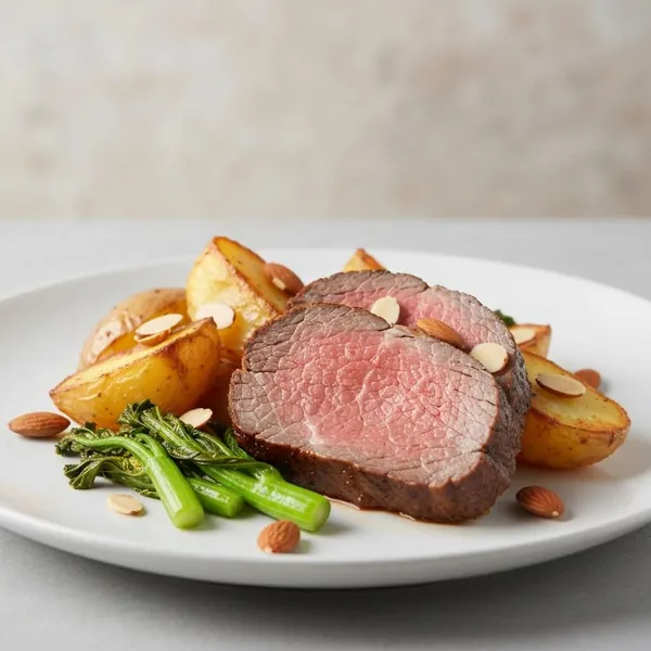 Beef with Roast Potatoes, Mustard Green Vegetables & Almonds, Prepared Meal Delivery, We Feed You