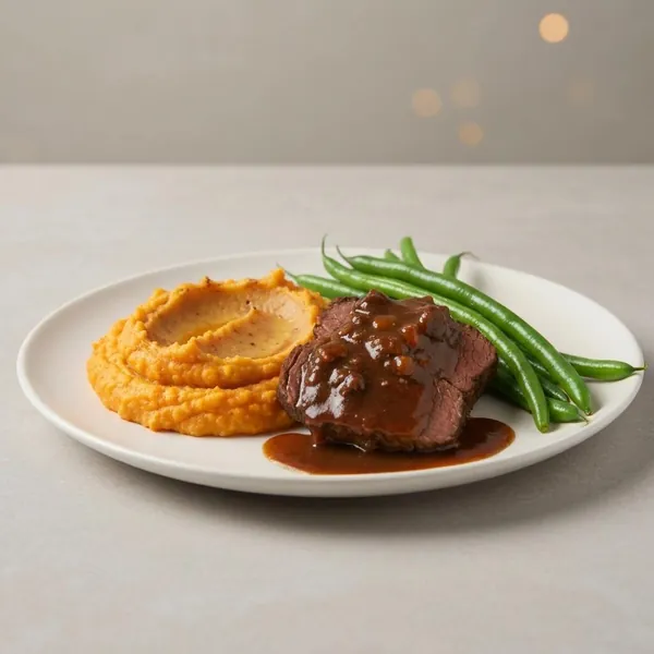 Braised Beef, Brown Butter Mashed Sweet Potato and Herb Green Bean, Prepared Meal Delivery, ModifyHealth