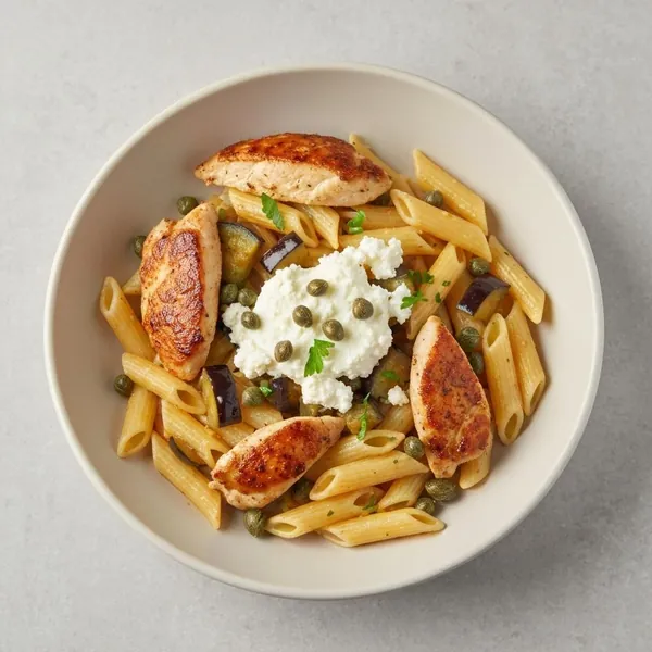 Chicken & Eggplant Pasta with Capers, Goats Cheese and Parsley, Prepared Meal Delivery, We Feed You