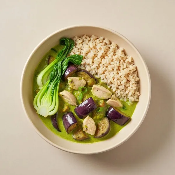 Chicken Green Curry with Eggplant, Bok Choy & Brown Rice, Prepared Meal Delivery, We Feed You