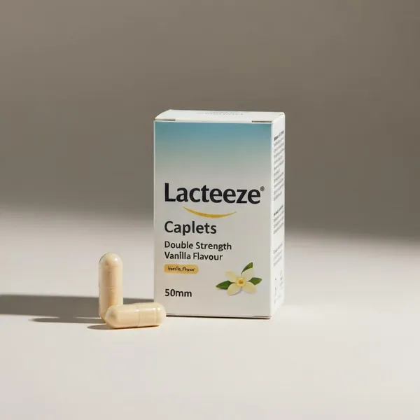 Enzyme supplement, Lacteeze Caplets, Double Strength, Vanilla Flavour