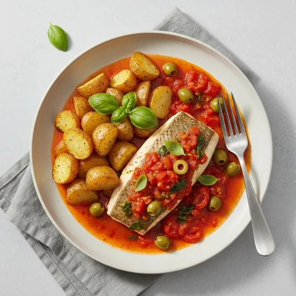 Fish in Tomato, Basil & Green Olive Sauce with Roast Potatoes, Prepared Meal Delivery, We Feed You