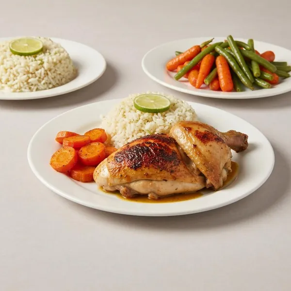 Jamaican Chicken with Lime Rice, Roasted Carrots & Green Beans, Prepared Meal Delivery, We Feed You