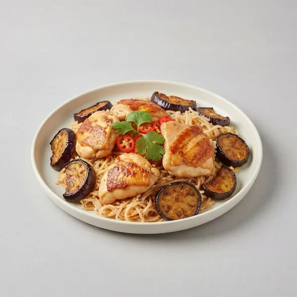 Lemongrass Chilli Chicken, Rice Vermicelli & Roasted Eggplant, Prepared Meal Delivery, We Feed You