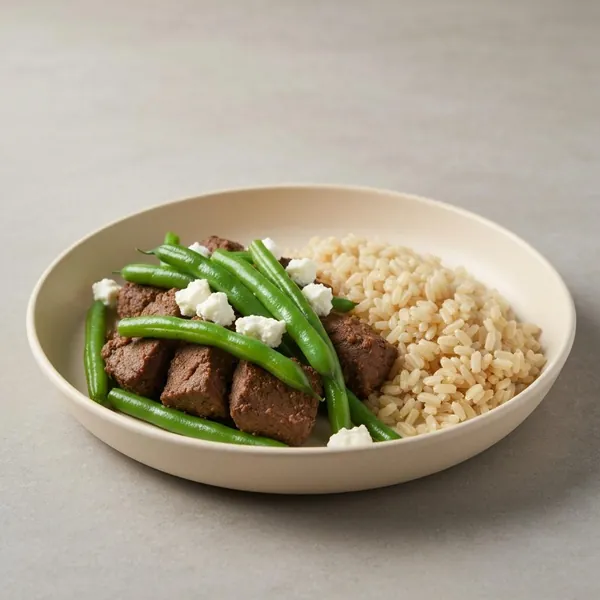 Middle Eastern Beef with Green Beans, Goats Cheese & Brown Rice, Prepared Meal Delivery, We Feed You