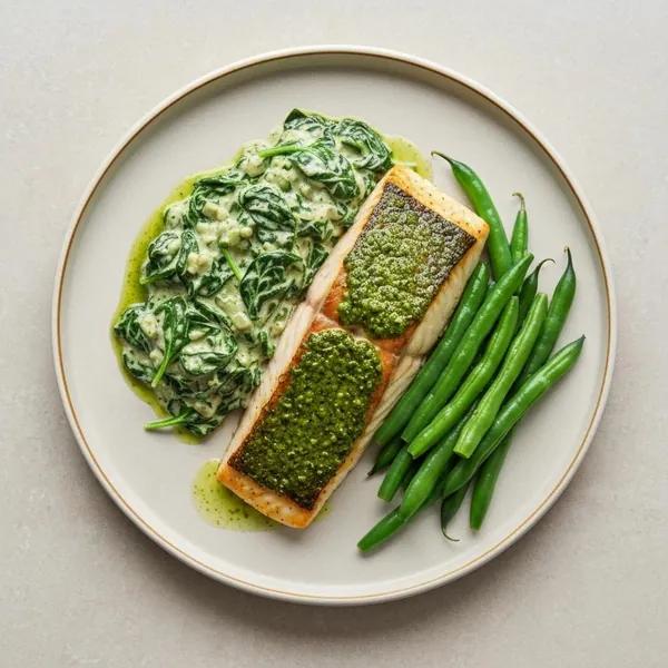 Pesto Mahi Mahi with Creamed Spinach and Italian Herb Green Beans, Prepared Meal Delivery, ModifyHealth