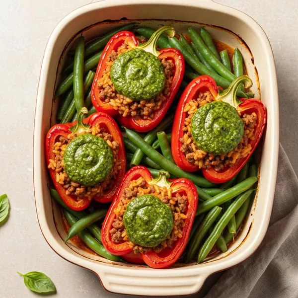 Stuffed Pepper Casserole with Green Beans and Basil Pesto, Prepared Meal Delivery, ModifyHealth
